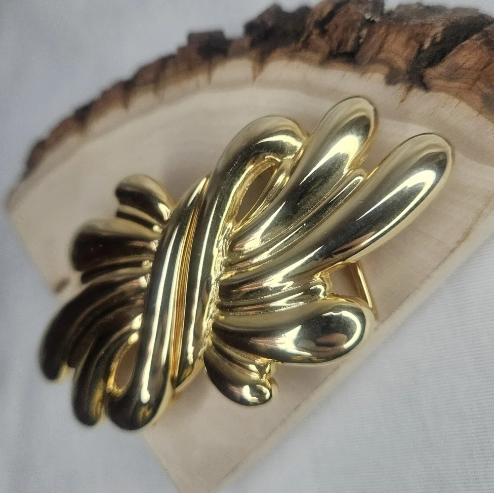 Vtg Douglas Paquette Gold Tone Sculptural Bow Swirl 2-Pc Belt Buckle 1980s EUC